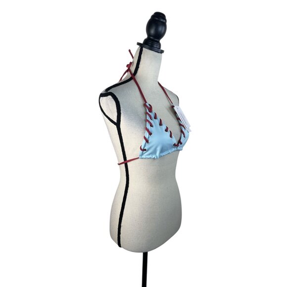 With Jéan Juni Bikini Top Baby Blue & Red Lace-Up Recycled Fabric Adjustable Hal - Picture 7 of 7